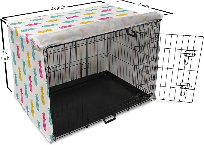 Lunarable Yellow Pineapple Dog Crate Cover, Rhythmic Ananas Fruits in Colorful Design Summer Tropical Concept, Easy to Use Pet Kennel Cover for Medium Large Dogs, 48 Inch, Turquoise Hot Pink