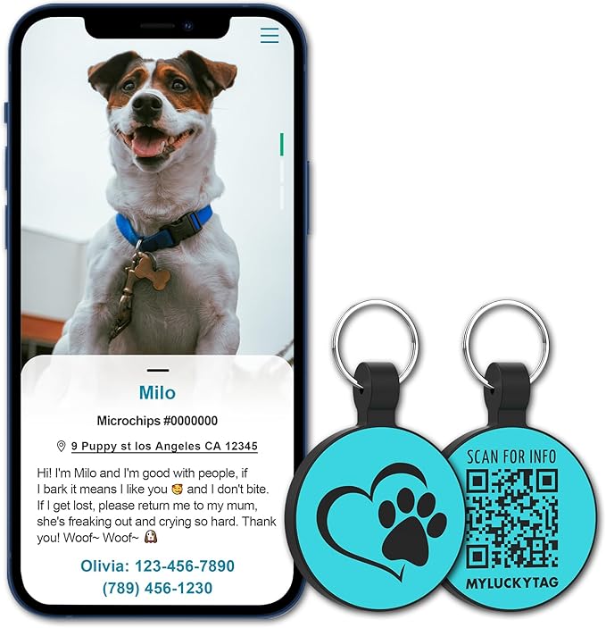 MYLUCKYTAG Silent Silicone QR Code Pet ID Tags Dog Tags - Pet Online Profile - Scan QR Receive Instant Pet Location Alert Email