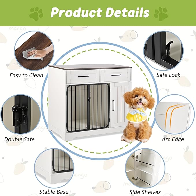 Ball & Cast 37.4" 2-in-1 Dog Crate Furniture,Modern Indoor Kennel with 2 Drawers&Storage Shelves,Double Doors&Double Locks Design for 26-40 lbs Dogs,Living Room,Kitchen,Entryway Side Table,White