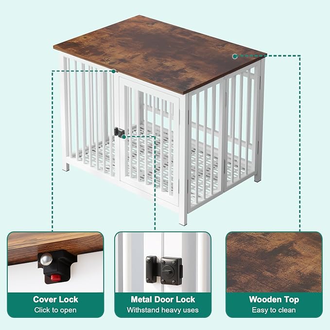 Heavy Duty Dog Crate Furniture, Fully Assembled exc. Locks, All Metal Frame & Wooden Tabletop, Modern Kennel for Small Dog, End Table, Sturdy, Foldable, White/Rustic Brown
