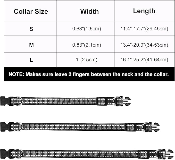 AUAUY Reflective Nylon Dog Collars, Adjustable Classic Pet Collars with Soft Neoprene Padding, Double Security Dual D-Ring and Quick Release Buckle for Small Puppy, Medium and Large Dogs (Black-S)