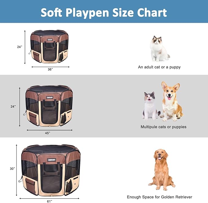 JESPET 61" Pet Dog Playpens, Portable Soft Dog Exercise Pen Kennel with Carry Bag for Puppy Cats Kittens Rabbits, Brown