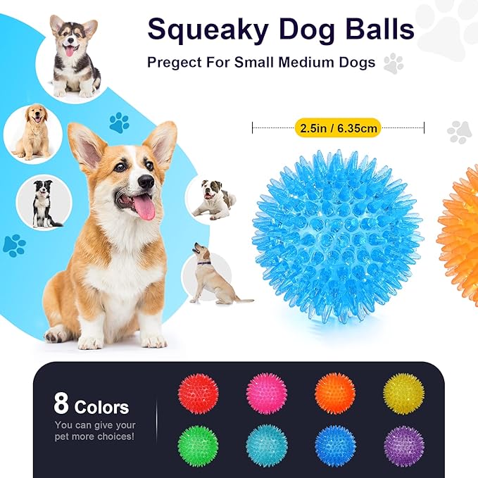 VITEVER 8 Colors 2.5” Squeaky Dog Toy Balls for Small Medium Dogs, Puppy Chew Toys for Teething, Spiky Dog Balls for Small Dogs, Durable Dog Toys for Teeth Cleaning and Training - Safe, BPA Free