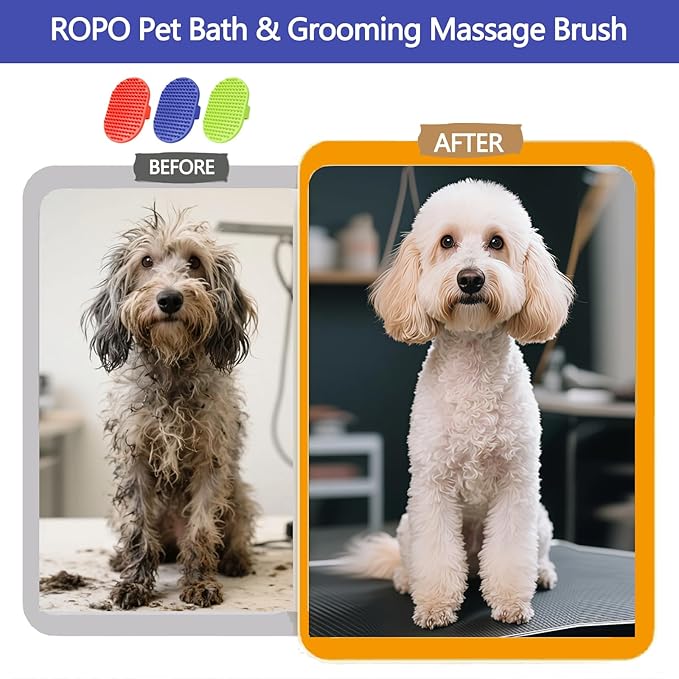 Dog bath brush, ROPO rubber massage dog shampoo brush, used for pet grooming, removing shedding fur, combing tangles and dead fur, suitable for pet dogs and cats (blue)