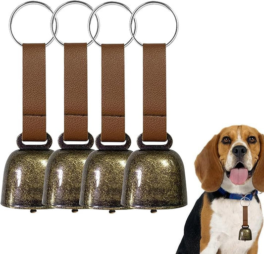 4 PCS Loud Bear Bells with Leather Button Strap Dog Collar Bell Pet Bells Tracker Noise Maker Anti-theft Bell Strap and Pet Anti- Lost Silver Pendant ID Tags for Pet Pendant Accessories Decorative