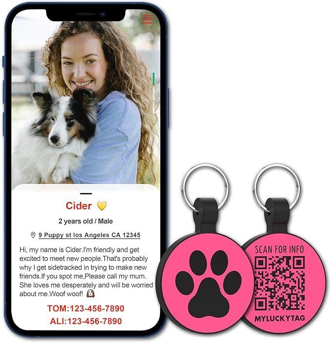 MYLUCKYTAG Silent Silicone QR Code Pet ID Tags Dog Tags - Pet Online Profile - Scan QR Receive Instant Pet Location Alert Email