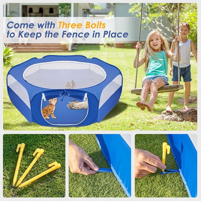 SlowTon Small Animal Playpen Portable - Durable Cat Playpen with Reinforced Mesh, Foldable Pet Playpen Exercise Play Pen with Zipper Top Cover Puppy Fence Kitten Rabbit Ferret Chinchilla (M,Blue)