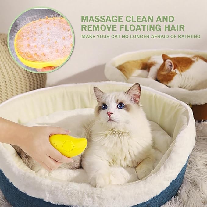 3 In 1 Silicone Pet Brush with Steaming Function - Self-Cleaning Cat Grooming Tool for Massage and Detangling (Yellow by Cat Steamy Brush)