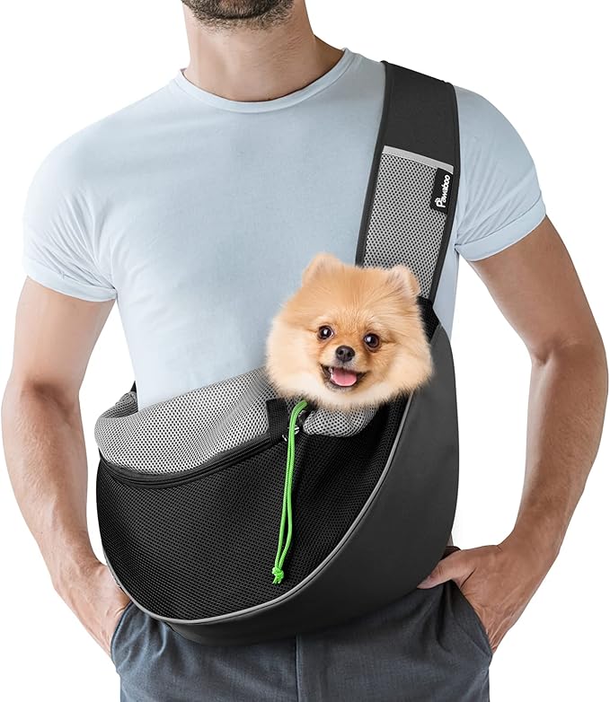 Pawaboo Pet Dog Sling Carrier, Hand Free Drawstring Dog Papoose with Adjustable Strap, Breathable Mesh Bag for Puppy Cat, Crossbody Satchel Dog Purse with Pocket for Outdoor Travel, Black, Large