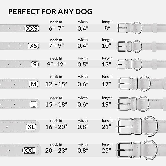 CollarDirect Rolled Leather Dog Collar, Soft Padded Round Puppy Collar, Handmade Genuine Leather Collar Dog Small Large Cat Collars 13 Colors (15-19 Inch, White Textured)
