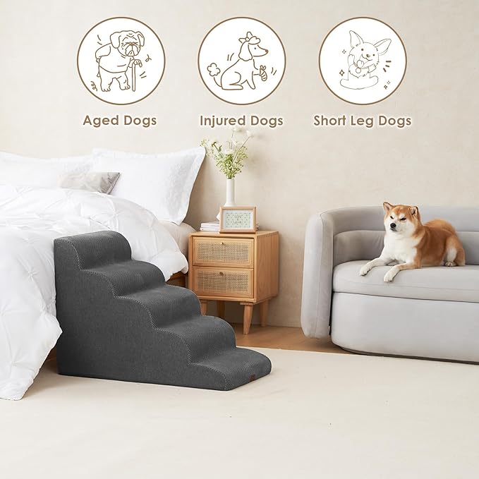 EHEYCIGA Curved Dog Stairs Ramp for High Beds, 5-Step Extra Wide Dog Steps for Small Dogs and Cats, Pet Stairs for High Bed Climbing, Non-Slip Balanced Pet Step Indoor, Grey