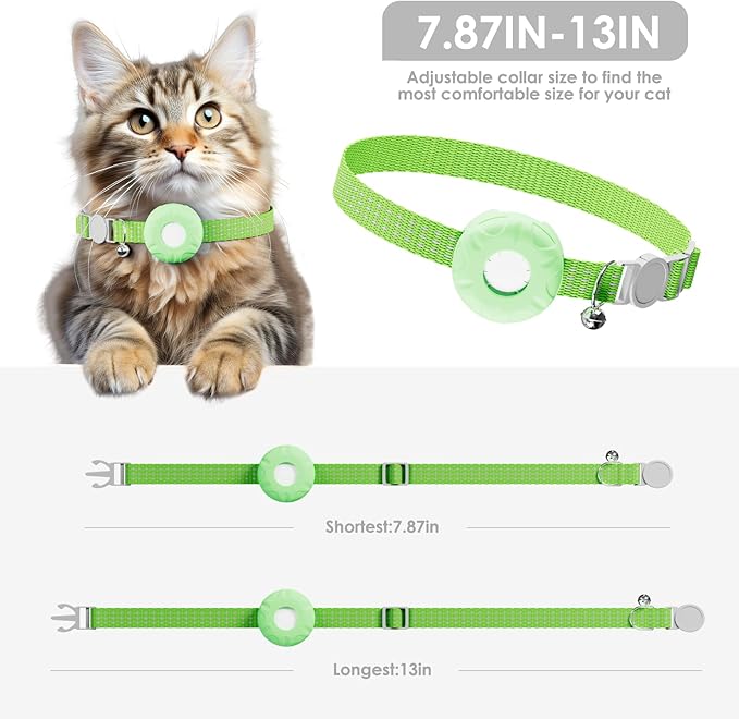 Cat Tracker, Waterproof Pet Tracker for Cats, Cat GPS Tracker Collar with Safety Elastic Buckle, Compatible with Apple Find My App (Only iOS), No Monthly Fee, Light Green