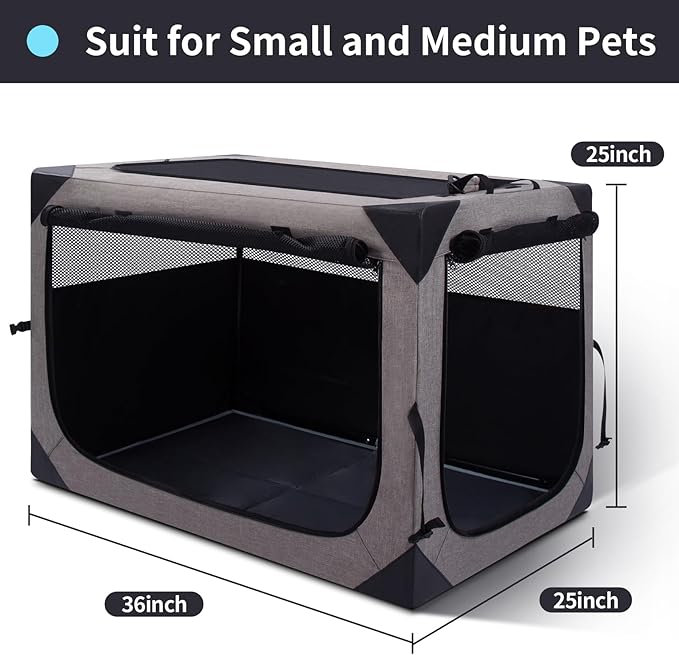 36 Inch Portable Travel Dog Crate, 3 Door Collapsible Soft Pet Kennel with Durable Mesh Windows for Medium Dogs, Foldable Dog Cage with Storage Pocket for Outdoor (Light Grey)