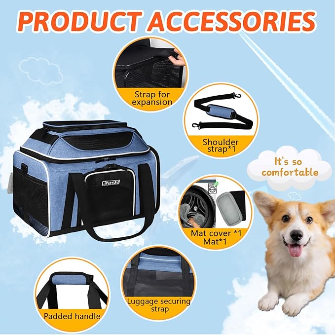 Petskd Top and Side Expandable Pet Carrier 18x11x11 Inches Delta United Airline Approved, Soft-Sided Carrier for Small Cats and Dogs with Locking Safety Zippers and Anti-Scratch Mesh(Blue)
