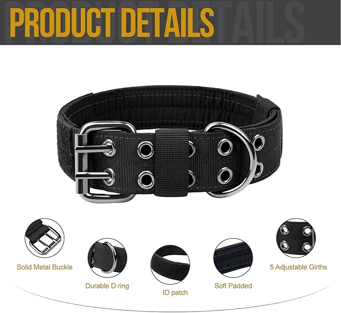 OneTigris Military Adjustable Dog Collar with Metal D Ring & Buckle 2 Sizes (Black, L)