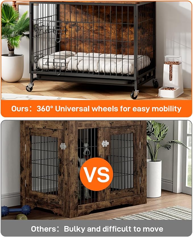 Dog Crate Furniture, Dog Kennel Indoor Double Doors Wooden Dog Cage, 32'' Dog Crate with Pull-Out Tray & Removable Wheels, Decorative End Table Pet House Chew-Resistant for Medium Dog, Rustic Brown