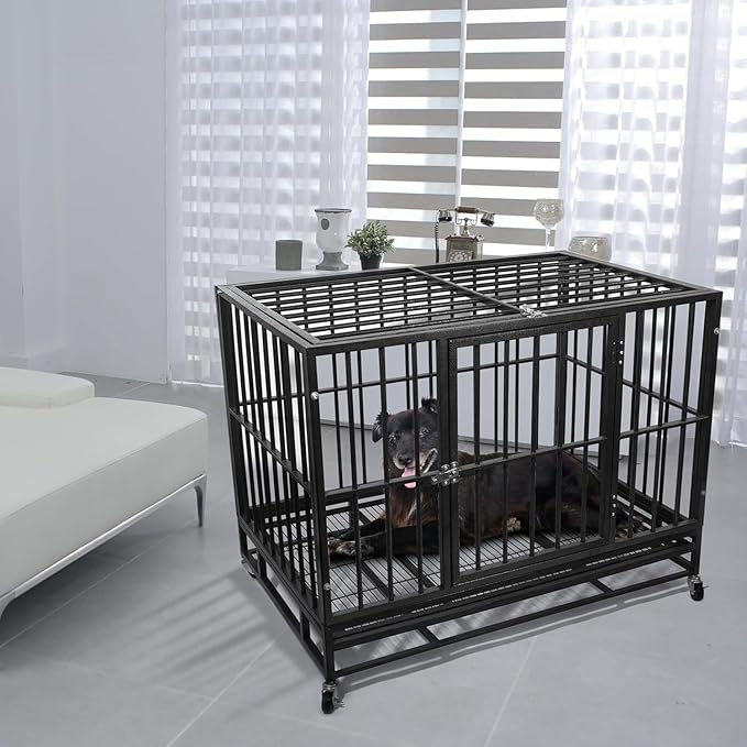 42 Inch Heavy Duty Dog Crate with Secure Locking System, Escape-Proof Dog Cage Kennel for Medium to Large Dogs, Indestructible Chew-Resistant Design, Dual Doors & Easy-Clean Removable Tray