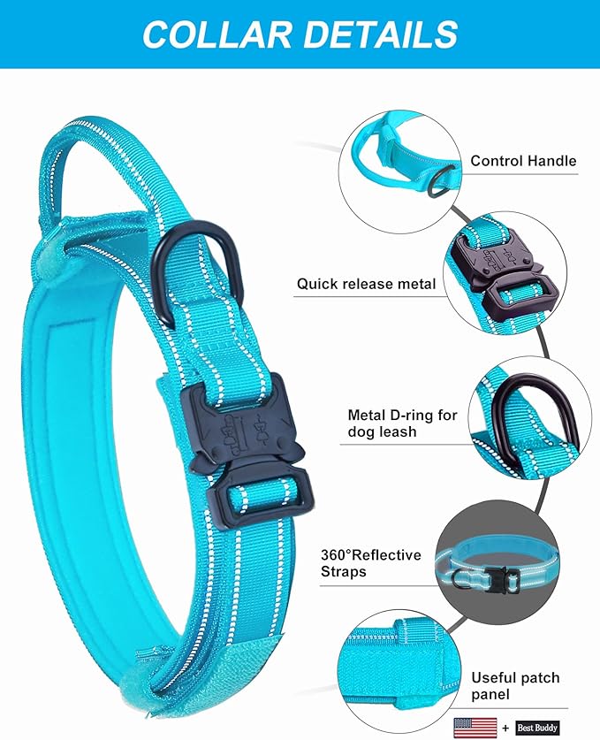 AUBELL Reflective Tactical Dog Collar with Handle, Heavy Duty Military Durable Thick Dog Collar with Metal Buckle Great for Medium Large Dogs, with Airtag Case and 2 Patches(Blue, M)