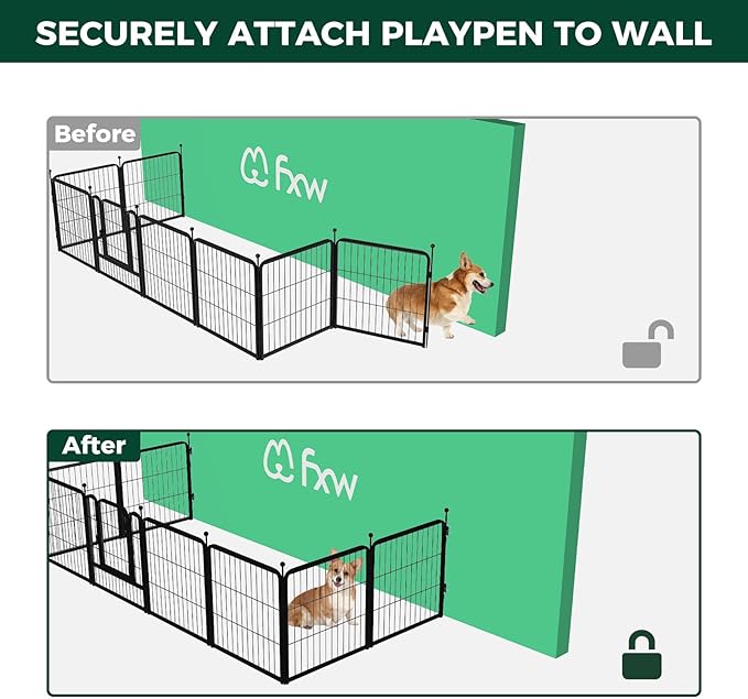 FXW Rollick 40 inch 8 Panels Dog Playpen & FXW Fence-to-Wall Anchors