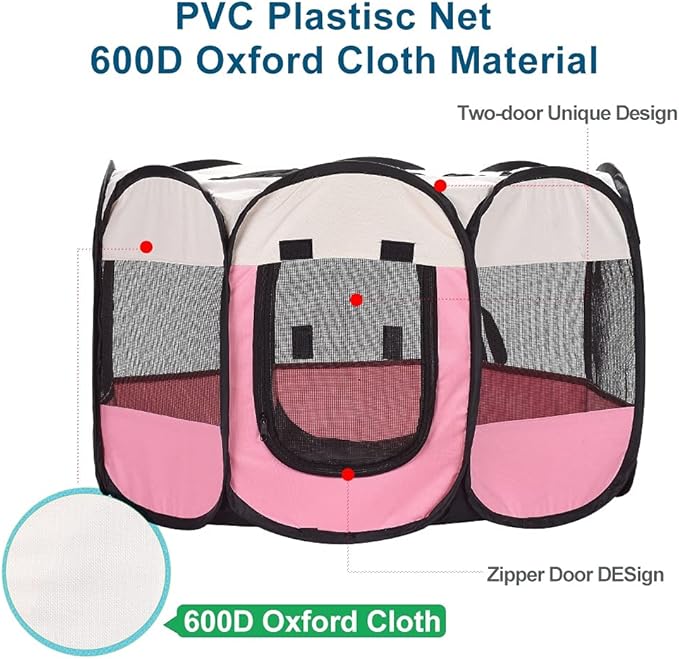 XianghuangTechnologyPet Portable Foldable Playpen, Dog/Cat/Puppy Exercise Pen Kennel, Removable Mesh Shade Cover (Pink)