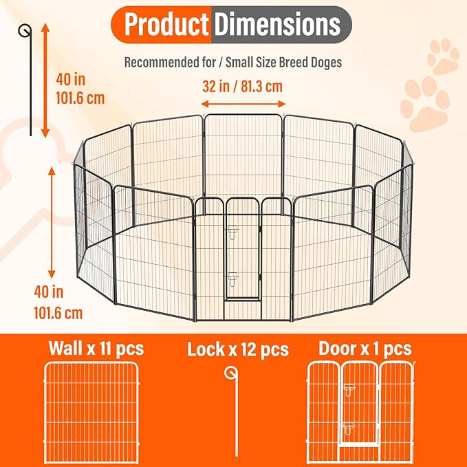 FDW Dog Playpen Kennel - 12 Panels, 40 Inch Height, Indoor/Outdoor Folding Metal Portable Puppy Exercise Pen, Heavy Duty Dog Fence for Yard, Camping - Black