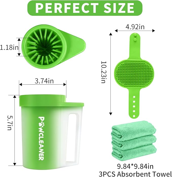 Paw Cleaner with Handle, Absorbent Towels & Adjustable Bath Brush for Medium Dogs (Buddy Muddy Pet Foot Washer, Green)