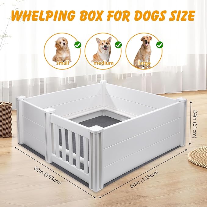 Whelping Box for Dogs and Puppies with Pig Rails and Waterproof Whelping Pad, 60×60×24in Puppies Playpen with Adjustable Height Door ID Collars for Medium Small Dogs