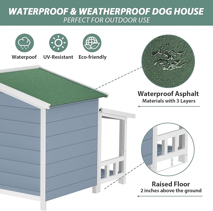 KELRIA 47.2" Dog House, Waterproof Dog Kennel, Wooden Outdoor and Indoor Dog House, Log Cabin Style with Porch,Elevated Floor, 2 Doors, Pine Wood + Green