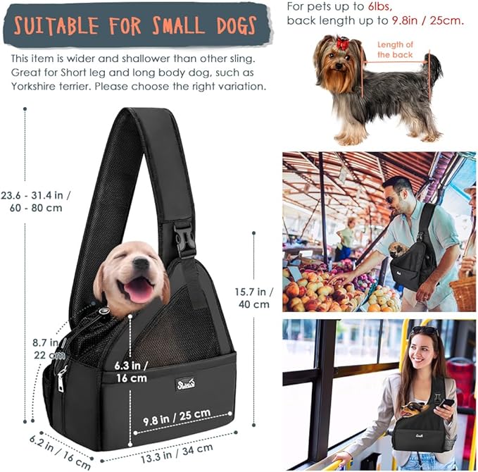 Lukovee Dog Slings for Small Dogs, Hard Bottom Support & Adjustable Soft Padded Shoudler Strap Dog Sling Carrier, Dog Purse with Button Closure & Zipper Pockets (for Short Leg Pets up to 6 lbs,Black)