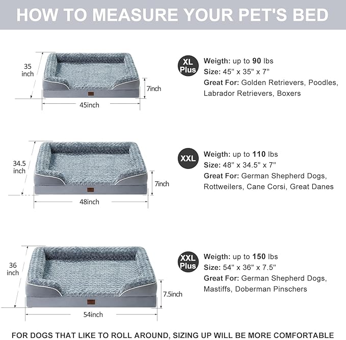 WNPETHOME Dog Beds for XXLarge Dogs, Washable Dog Bed, Bolster Dog Sofa Bed with Waterproof Lining & Non-Skid Bottom, Orthopedic Egg Foam Dog Couch for Pet Sleeping, Pet Bed for XXLarge Dogs
