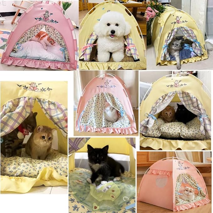 Cute Cat Teepee Cave, Foldable Indoor Outdoor Cat Tent with Thick Mat, XL