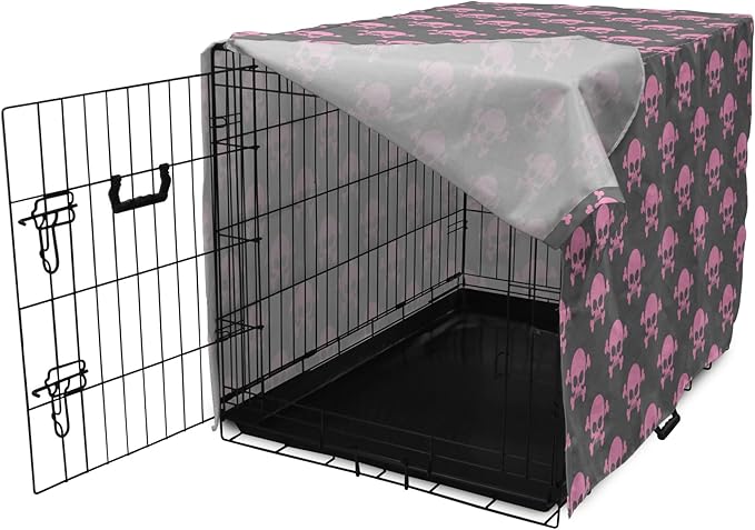 Lunarable Skull Dog Crate Cover, Vivid Pirate on Pale Background Head of a Skeleton and Bones Halloween Themed, Easy to Use Pet Kennel Cover for Cats & Medium Dogs, 30 Inch, Pink Taupe