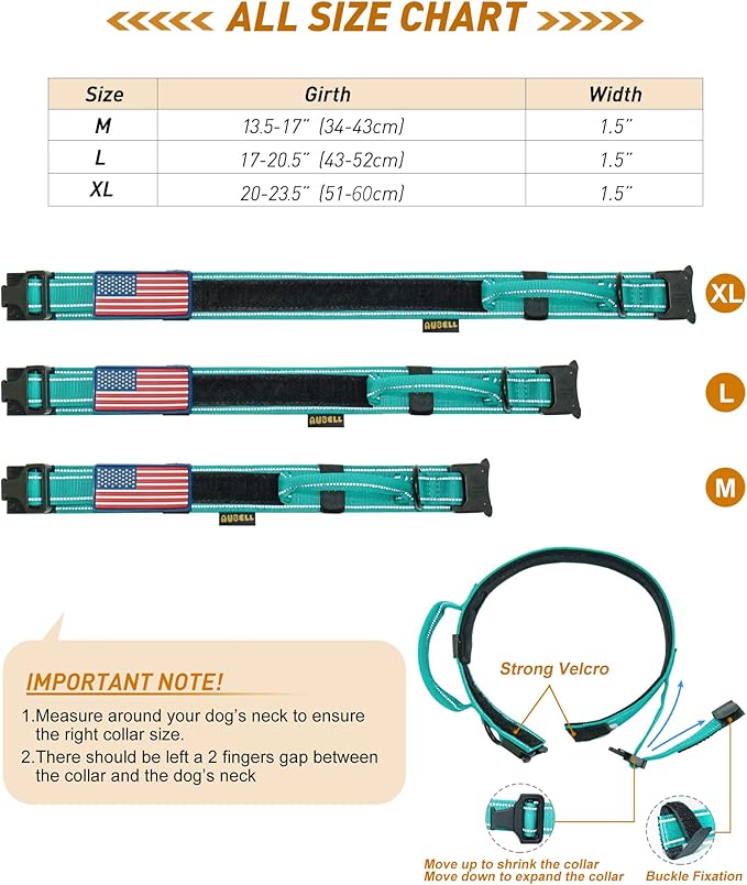 AUBELL Tactical Dog Collar - Adjustable Military Training Nylon Reflective Collar with Handle and Heavy Duty Durable Metal Buckle for Medium Dogs, with Airtag Holder and Patches(Teal, M)