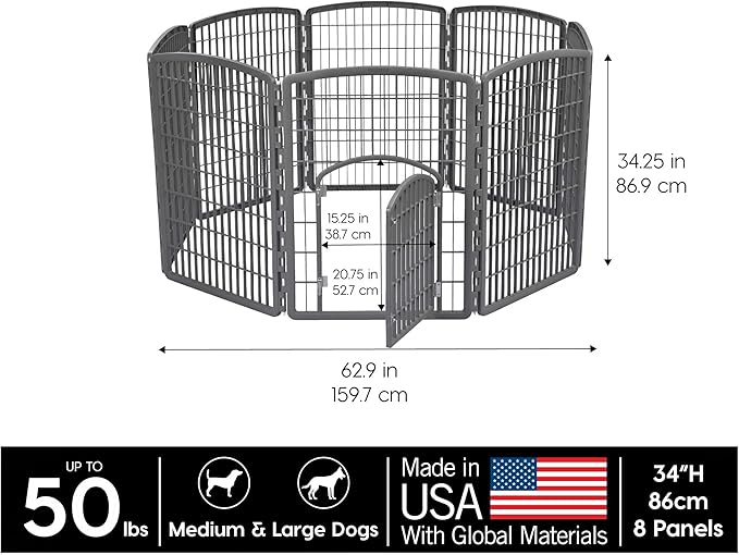 IRIS USA Dog Playpen, 8-Panel 34" Pet Playpen with Door, Puppy Playpen, Indoor/Outdoor Dog Pen, 63 x 63 x 34, Foldable, Customizable, Dark Gray