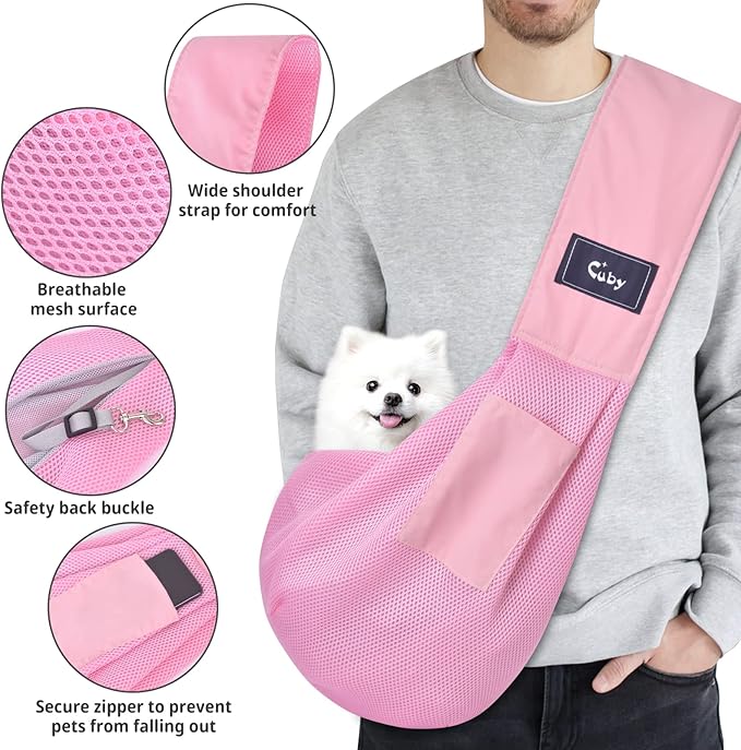 CUBY Dog and Cat Sling Carrier, Hands Free Reversible Pet Papoose Bag, Soft Pouch Adjustable, Suitable for Puppy Cats for Outdoor Travel (Pink Mesh, one Size mesh)