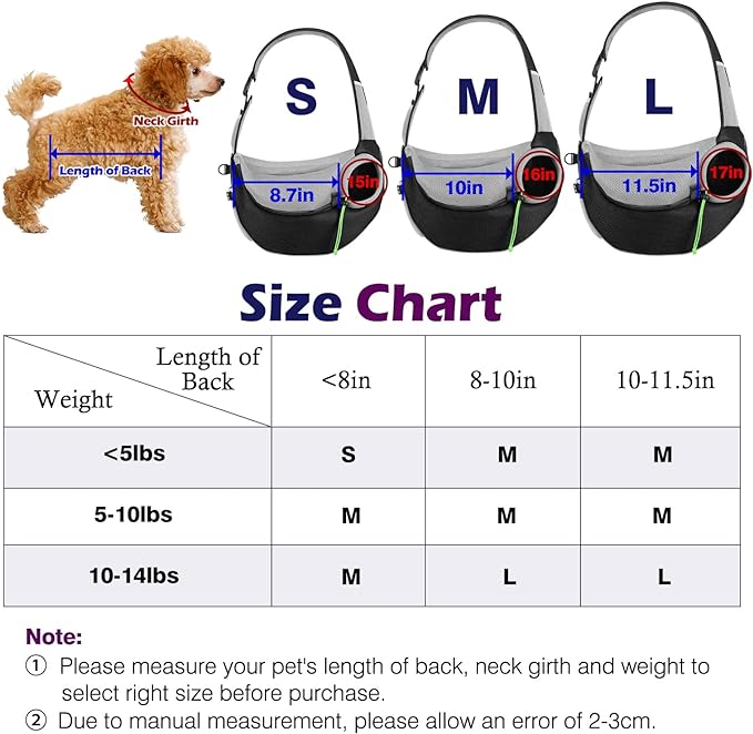 Pawaboo Pet Dog Sling Carrier, Hand Free Drawstring Dog Papoose with Adjustable Strap, Breathable Mesh Bag for Puppy Cat, Crossbody Satchel Dog Purse with Pocket for Outdoor Travel, Black, Small