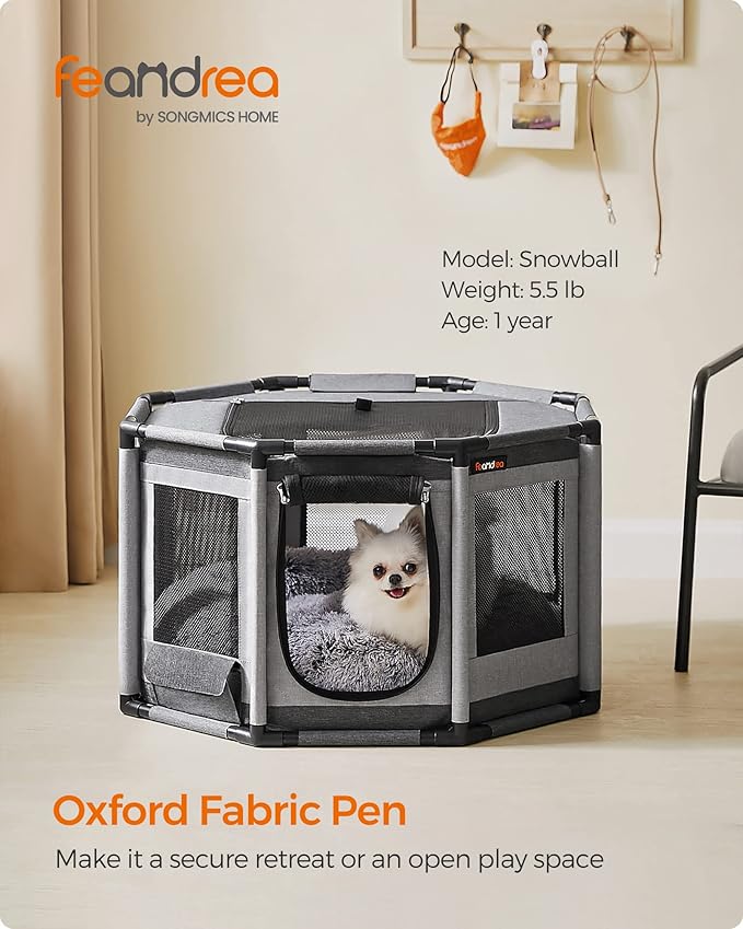 Feandrea Dog Playpen, Oxford Fabric Dog Fence, Octagon Dog Crate, M, 28.3 x 28.3 x 16.9 Inches, PVC Pipe Frame, Breathable Mesh, Double Openings, Dove Gray and Slate Gray UPDC002G01