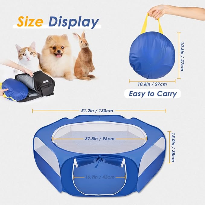 SlowTon Small Animal Playpen Portable - Durable Cat Playpen with Reinforced Mesh, Foldable Pet Playpen Exercise Play Pen with Zipper Top Cover Puppy Fence Kitten Rabbit Ferret Chinchilla (M,Blue)