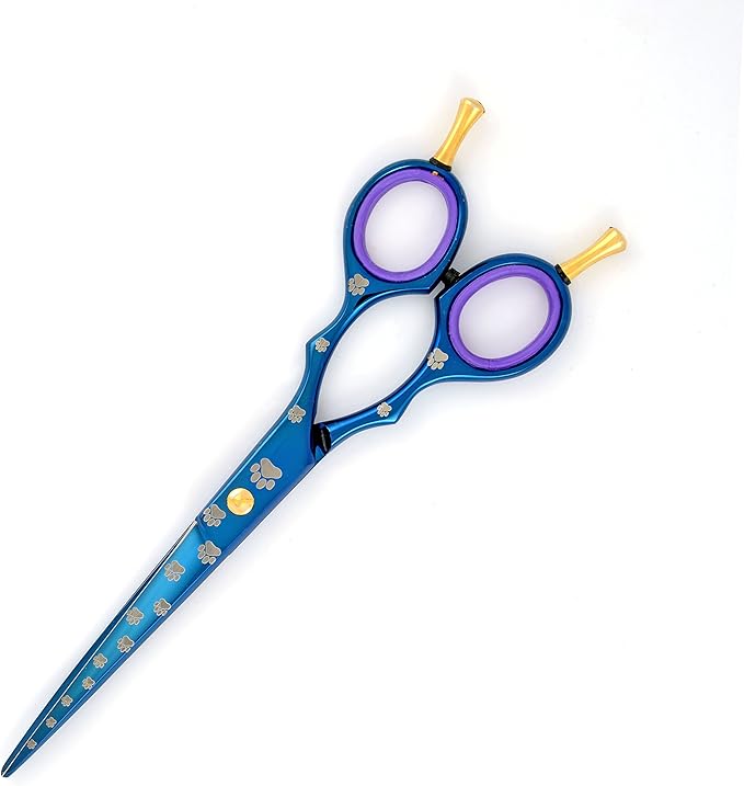 6.5" Professoinal Pet Grooming Scissors Double Finger Rest, Blue Titanium Coating, Dog Paws Laser Engraved
