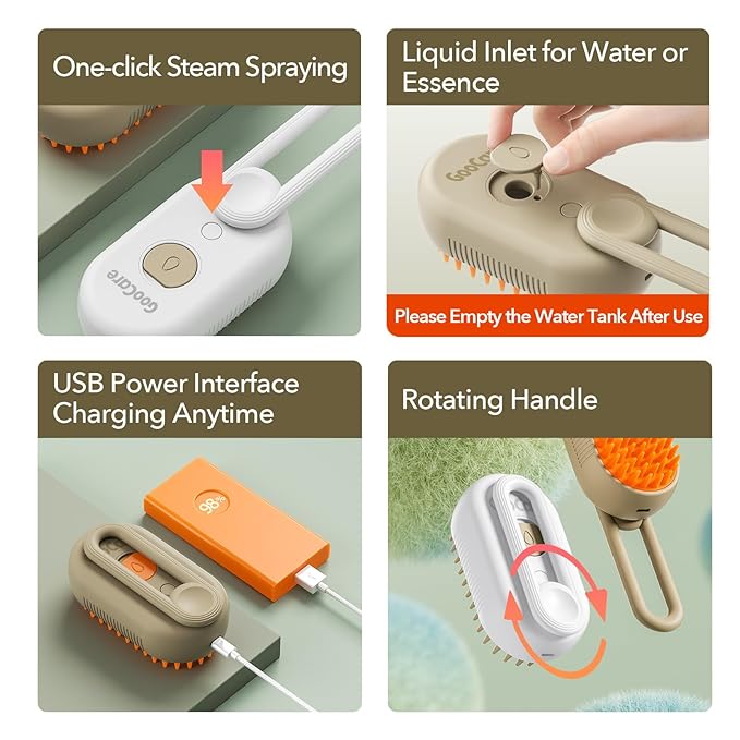 Improved Spray Pet Grooming Brush for Dogs & Cats, 3-in-1 Design: Hair Remover, Cleaning Brush and Massaging, Water Steam Brush for Shedding for indoor Hair Cats, Dogs and Rabbits. (Beige)