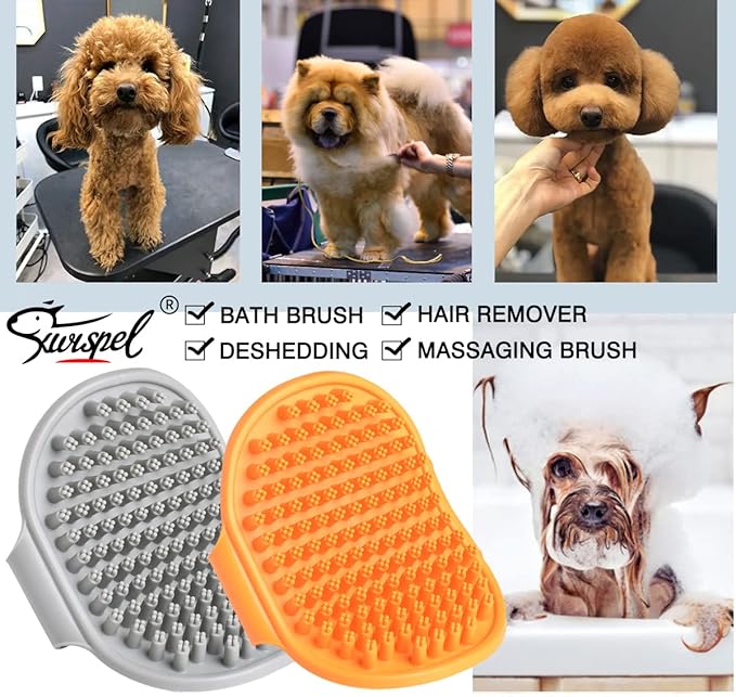 Dog Bath Brush Set - 2 Pcs Rubber Grooming and Shedding Brush for Short and Long Haired Dogs, Cats with Adjustable Handle - Perfect for Washing, Shampooing, and Bathing