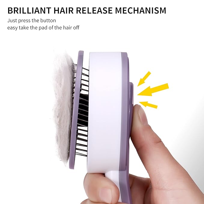 Self Cleaning Slicker Brush for Cat or Dog, Pet Grooming Brush for Long or Short Hair, Dog comb For One Button Gently Removes Loose Undercoat and Shedding Hair (Purple/Purry)