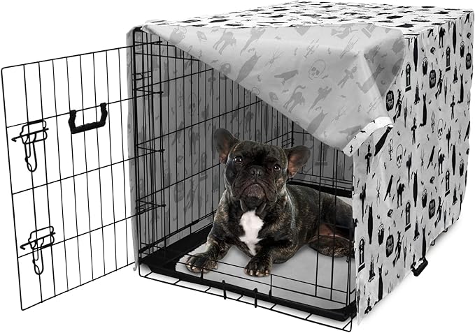 Lunarable Halloween Dog Crate Cover, Horror Pattern Tombstone Kitty Owl Voodoo Trick or Treat Pumpkin, Easy to Use Pet Kennel Cover for Cats & Medium Dogs, 24 Inch, Grey Black Charcoal