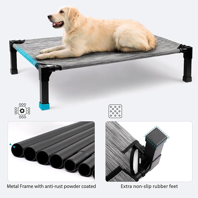 Cooling Elevated Dog Bed, Raised Dog Bed with Washable Breathable Mesh and Metal Frame, Portable Dog Cot Bed with No-Slip Feet for Outdoor and Indoor Use