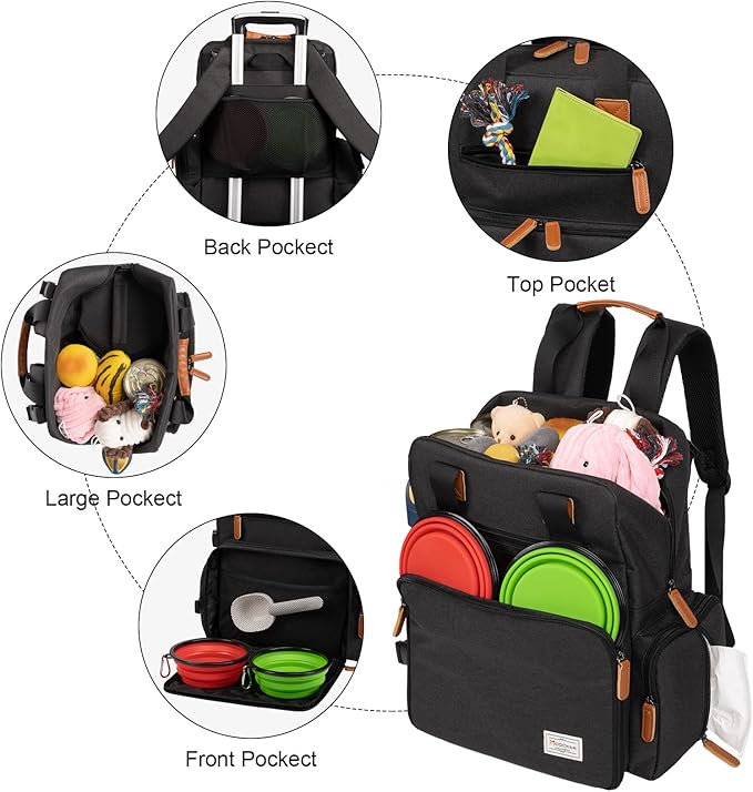 Modoker Dog Travel Bag, Airline Approved Backpack for Pet Accessories Organizer, Tote Weekend Bag with 2 Dog Food Storage Containers, 2 Collapsible Dog Bowls, 1 Pet Mat, Black