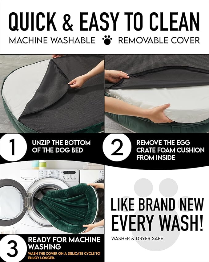 OhGeni Orthopedic Dog Bed for Large Dogs, Dog Couch Design with Egg Foam Support, Removable, Machine Washable Plush Cover and Non-Slip Bottom with Four Sided Bolster Cushion (Dark Green)