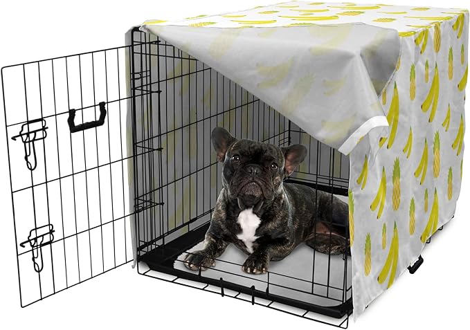 Lunarable Yellow Pineapple Dog Crate Cover, Continuous Ananas and Banana Tropical Fruits Print, Easy to Use Pet Kennel Cover for Cats & Medium Dogs, 24 Inch, Yellow Green Yellow