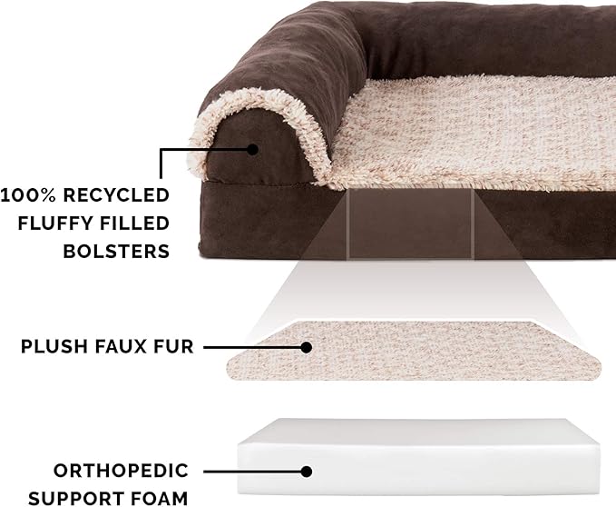 Furhaven Orthopedic Dog Bed for Large Dogs w/ Removable Bolsters & Washable Cover, For Dogs Up to 125 lbs - Two-Tone Plush Faux Fur & Suede L Shaped Chaise - Espresso, Jumbo Plus/XXL