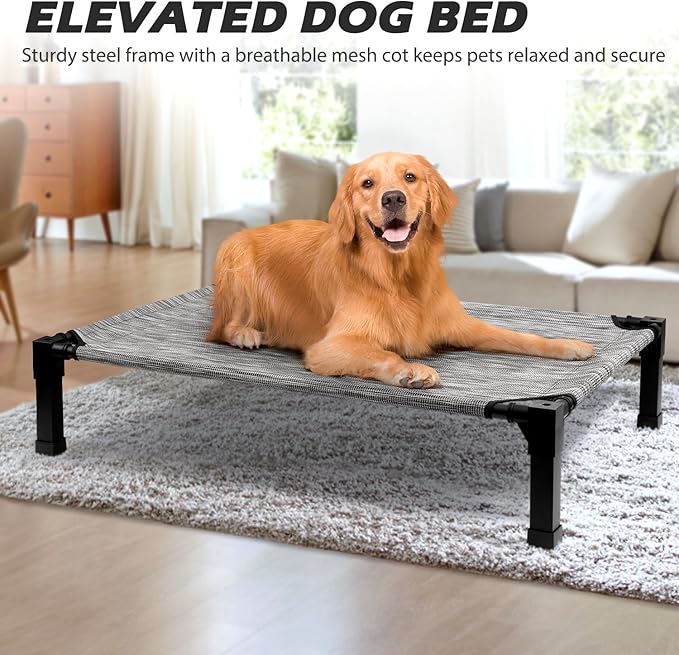 Cooling Elevated Dog Bed, Raised Dog Bed with Washable Breathable Mesh and Metal Frame, Portable Dog Cot Bed with No-Slip Feet for Outdoor and Indoor Use