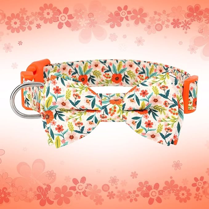 Didog Floral Dog Collar with Bow, Cute Girl Dog Collars with Detachable Bowtie, Soft & Comfy Spring Summer Dog Collar for Small Medium Large Dogs Gift Holiday, Orange, S